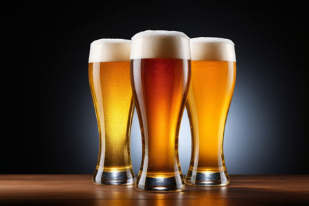 three glasses of beer are lined up on a tableの素材