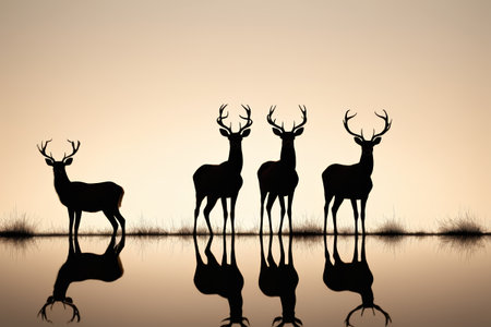 three deer standing in front of a body of water at sunsetの素材