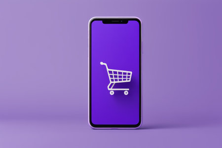 a close up of a phone with a shopping cart on the screenの素材