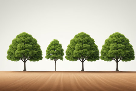three trees in a row on a dirt field with a white backgroundの素材