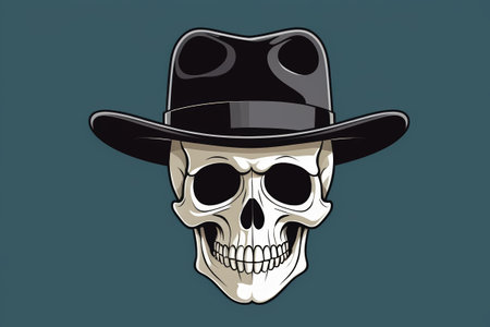 skull wearing a hat and sunglasses with a black top hatの素材