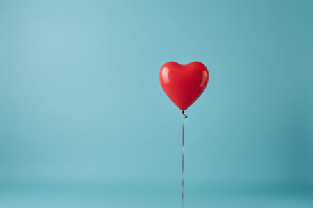 a close up of a red heart shaped balloon floating on a stringの素材