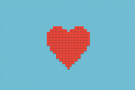 a close up of a red heart made of squares on a blue backgroundの素材