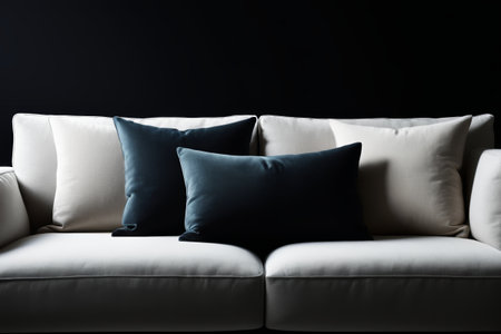 arafed white couch with two pillows and a black wallの素材