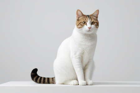 there is a cat sitting on a white shelf with a gray backgroundの素材