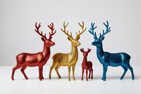 three different colored plastic deers standing next to each otherの素材
