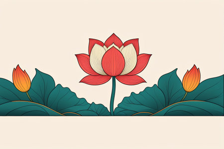 there is a red and white flower with green leavesの素材