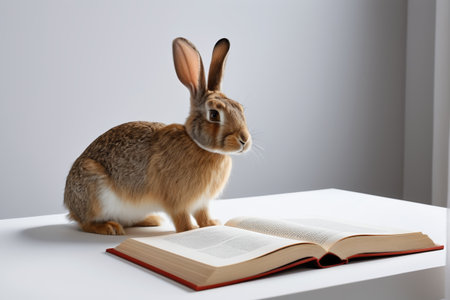there is a rabbit sitting on a table next to an open bookの素材
