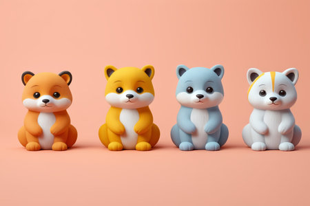 three small plastic animals sitting next to each other on a pink surfaceの素材