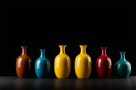 arafed vases in a row on a table against a black backgroundの素材