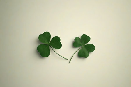 two green shamrock leaves are placed on a white surfaceの素材