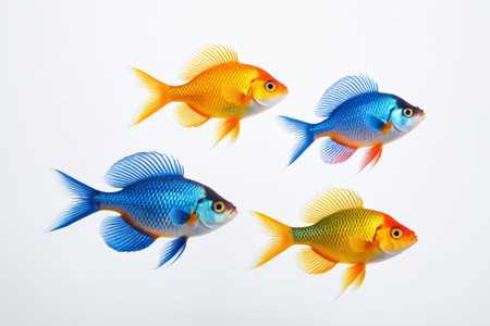 three different colored fish are swimming in a white waterの素材
