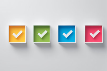 three boxes with different colored boxes with a check mark on themの素材