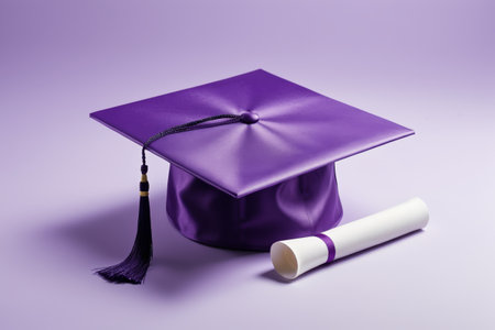 purple graduation cap and diploma on a purple backgroundの素材