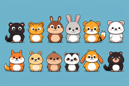 cartoon animals sitting in a row with different colors and sizesの素材
