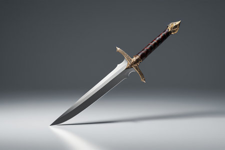 arafed knife with a gold handle on a gray surfaceの素材