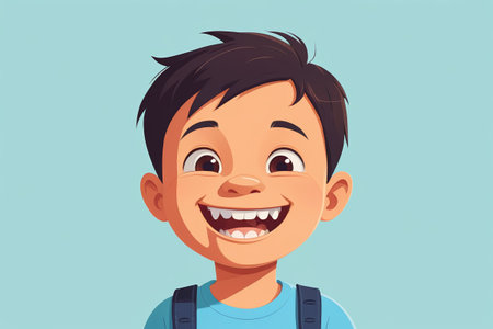 cartoon boy with braces and blue shirt smiling and holding a toothbrushの素材