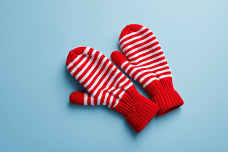 pair of red and white striped mittens on blue backgroundの素材