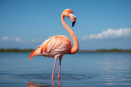 flamingo standing in the water with its head in the waterの素材