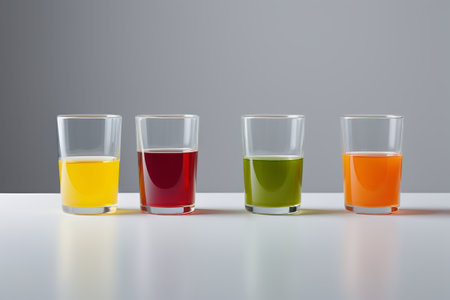 three glasses of different colored juices sit on a tableの素材