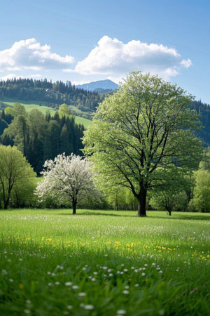 Spring mountain meadow and tree sceneryの素材