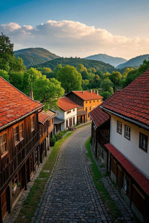 The quaint streets of red-tiled huts in the mountainsの素材