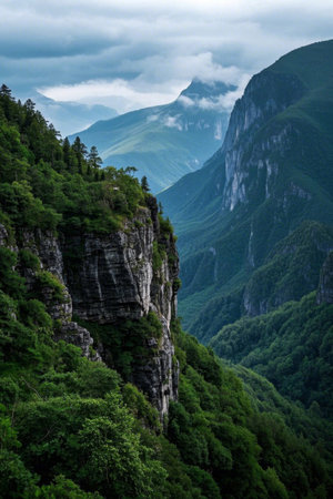 Lush mountain forests and steep cliff landscapesの素材
