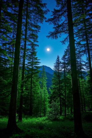 Forest and distant mountain landscape under moonlit nightの素材