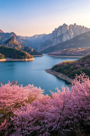 Lakeside mountain scenery and cherry blossom natural sceneryの素材