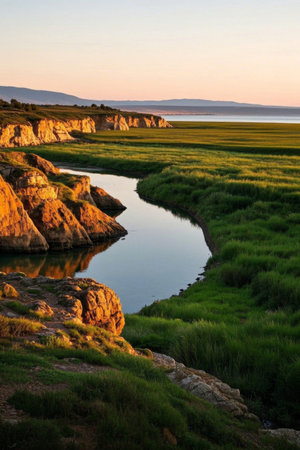 River grassland natural scenery at sunsetの素材