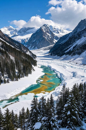 Snowy mountain river and forest landscapeの素材