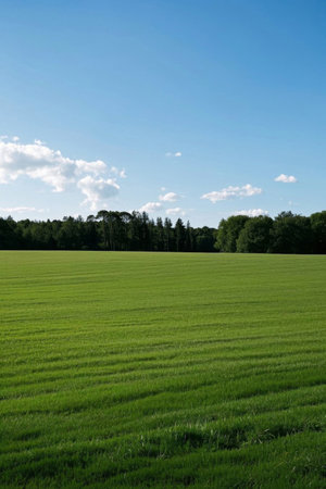 Green fields and distant wooded landscapeの素材