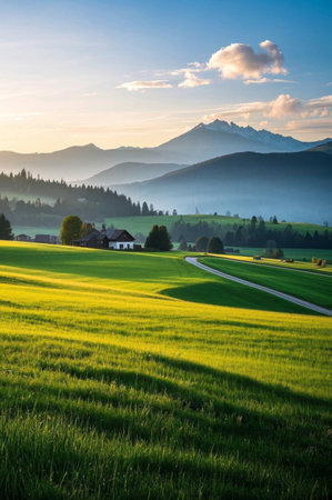 Rural scenery among idyllic hillsの素材