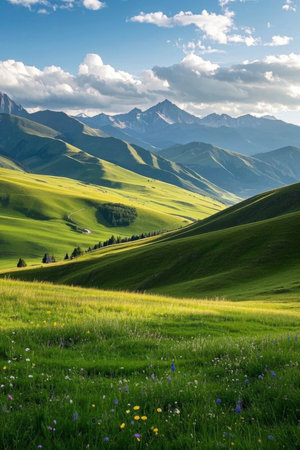Blue sky and white clouds on the mountain grasslandの素材
