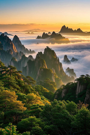 China's mountain scenery, sea of clouds and pine treesの素材
