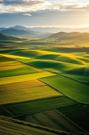 Panoramic view of pastoral scenery and fieldsの素材