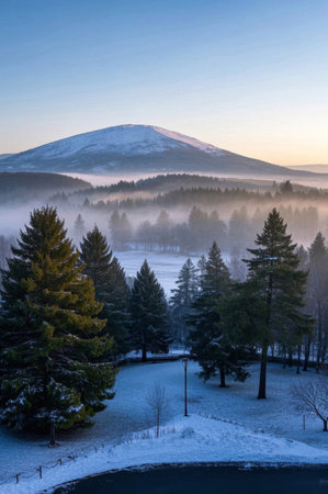Long-term view of the mountains and forests behind the snowの素材