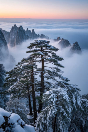 Huangshan Sea of Clouds and Pine Trees Landscape After Snowの素材