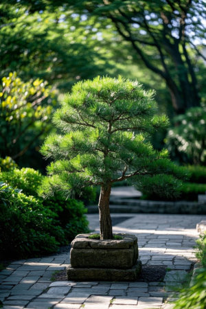 Green bonsai in stone basins in gardensの素材