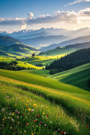 Mountain green grassland natural sceneryの素材