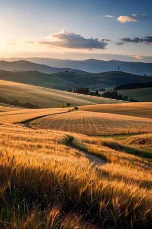 Wheat fields and distant mountain scenery at sunsetの素材