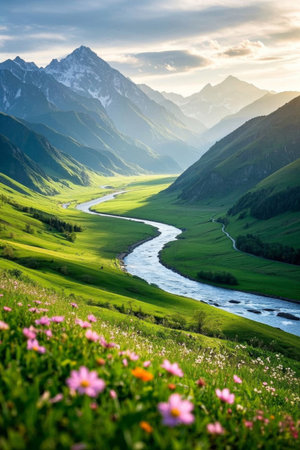 Mountain rivers and grassland flower landscapesの素材
