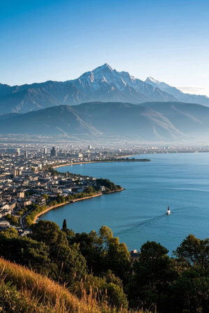 Cityscape with mountain views and lakesの素材