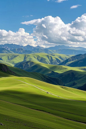 Grassland hills with blue sky and white cloudsの素材