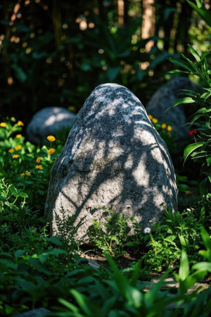 Stone landscape surrounded by greenery in the gardenの素材