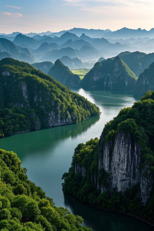 Panoramic view of natural scenery with mountains and riversの素材