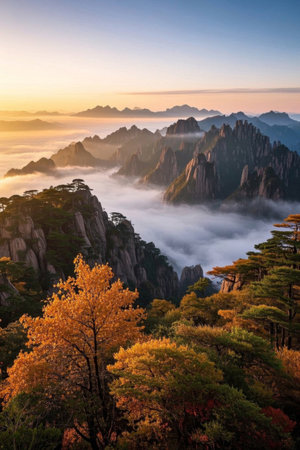 Autumn natural scenery of mountains and sea of cloudsの素材