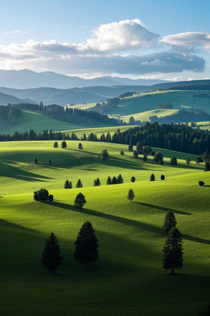 Vast green hills and forest sceneryの素材