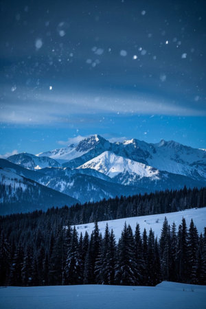 Snowy mountain scenery and forest panoramaの素材