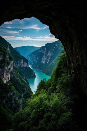 Canyon and river landscape from a cave perspectiveの素材
